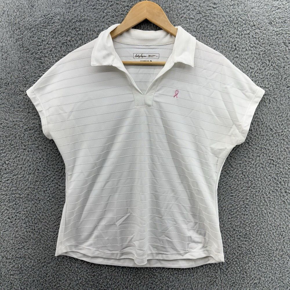 Lady Hagen Women's L Hydro Dri Pink Ribbon Polo Shirt White Stripe‎ Short Sleeve